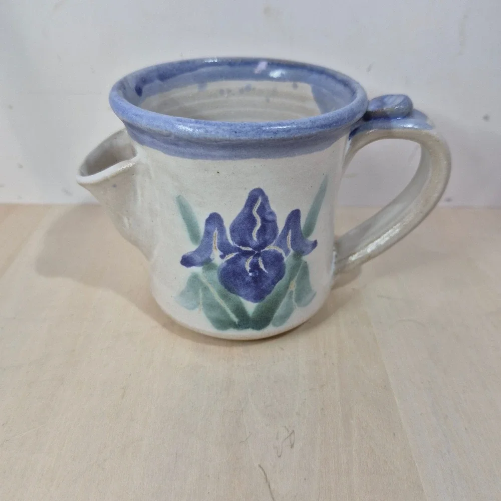 Studio Pottery Shaving Scuttle Mug Hand Painted Blue Iris Floral Stoneware 4in